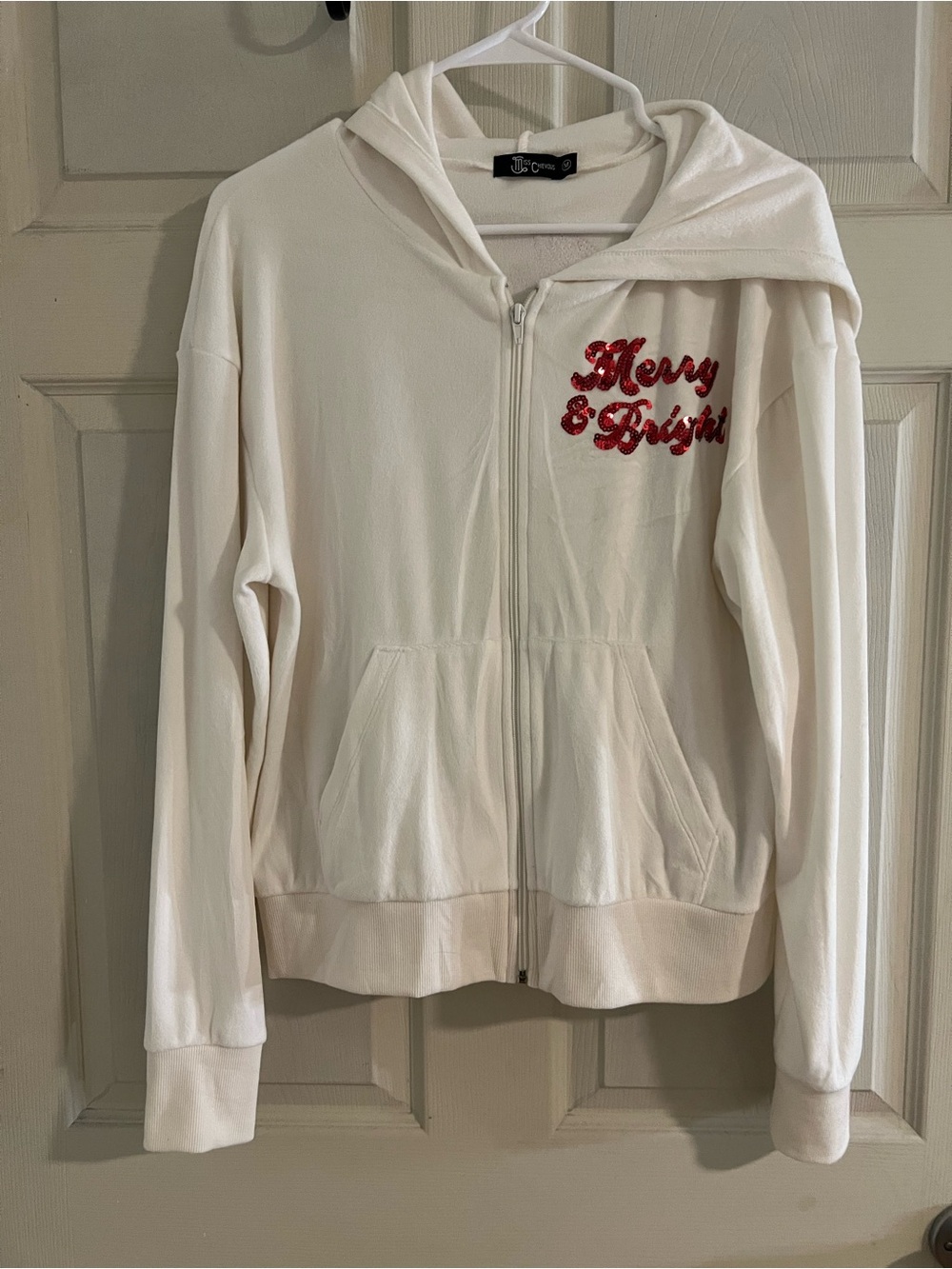 Women’s Sz L White Zip-Up Hoodie with Red 'Merry & Bright' Embroidery